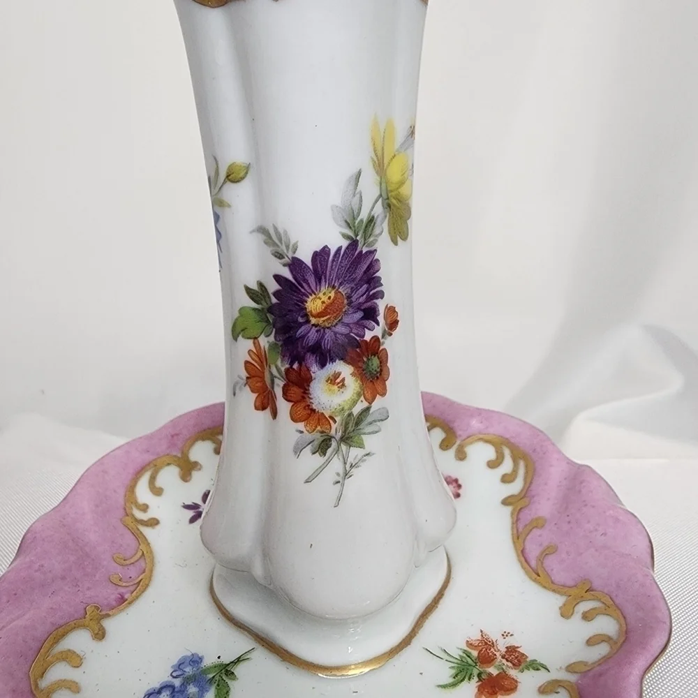 Victorian HatPin Holder Antique Paris Royal Peint ala Main Pink Floral Porcelain